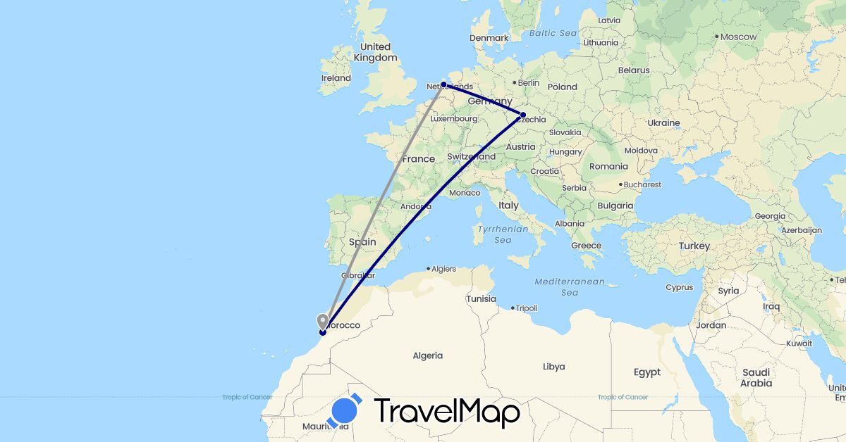 TravelMap itinerary: driving, plane in Czech Republic, Morocco, Netherlands (Africa, Europe)